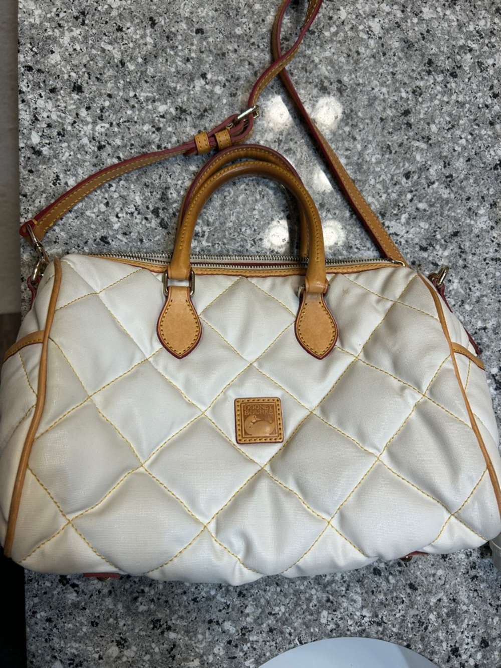 Dooney & Bourke Cream Quilted Satchel with Tan Trim and Strap